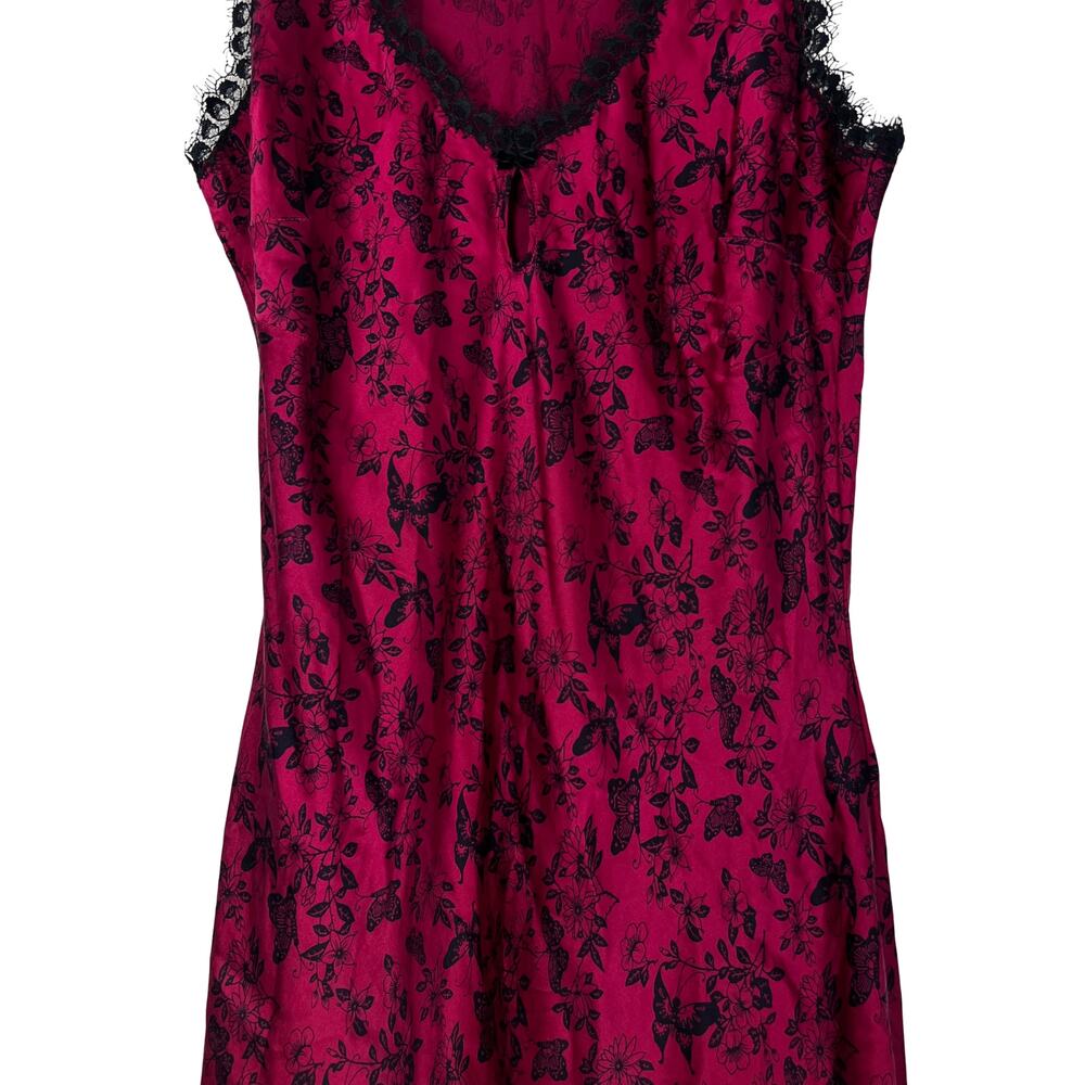 Y2K Silk Slip Dress Magenta Black Lace Butterfly Print Ruffle Hem Vintage - Picture 4 of 8